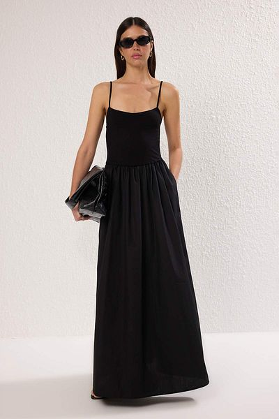 Trendyol Collection Μαύρο υφαντό μάξι φόρεμα από τη μέση TWOSS25EL00869