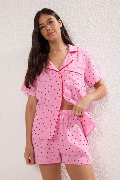 Trendyol Collection Pink 100% Cotton Heart Bias Muslin Shorts Woven Pajama Set Thmss25Pt00404