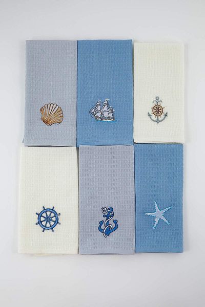 Trendyol Collection Set of 6 Marine Waffle Kitchen Towels with Embroidery Detail 30X45Cm Tphss25Mh00001