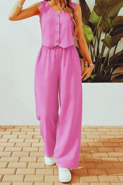 Trendseninle Pink Buttoned Vest and Woven Milano Fabric Trousers Suit