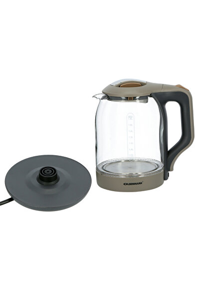 Olsenmark غلاية كهربائية زجاجية سعة 1.8 لتر - 1500 واط، إيقاف تلقائي، قاعدة دوارة 360 درجة، مستوى ماء، لون أزرق، آمنة للاستخدام حتى الغليان الجاف