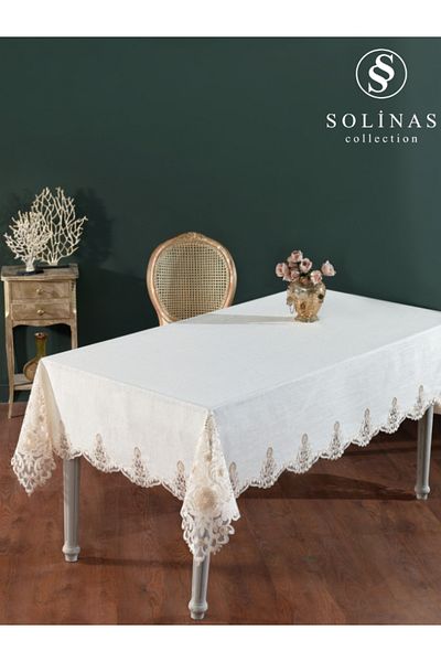 Solinas Collection Roma Cream Linen Fabric Mink Embroidered Table Cloth