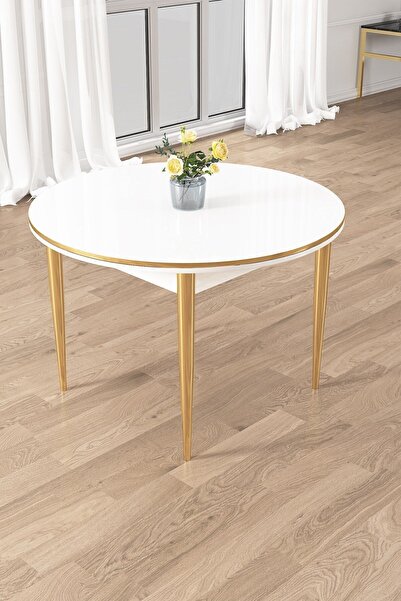 Canisa Osle Serisi 90x90 Beyaz Mutfak Masa Takımı 4 Cappucino Sandalye Gold Detay