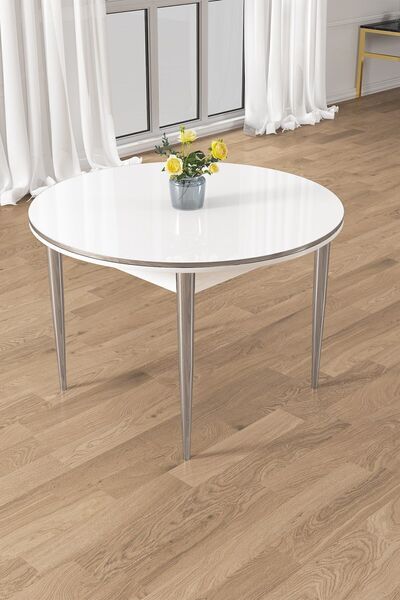 Canisa Osle Serisi 90 X 90 Sabit Yuvarlak Beyaz Masa Krom Ayak Mutfak Masası