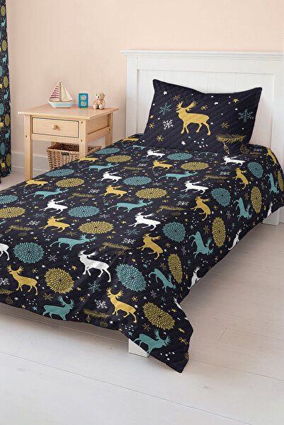 Realhomes Deer and Snow Patterned Children's and Teenager's Room Pique Set Bedspread in Blue Color