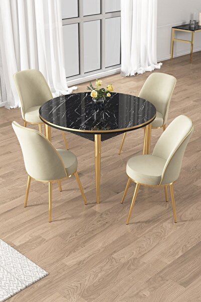 Canisa Osle Serisi 90x90 Yuvarlak Siyah Mermer Desen Mutfak Masa Takımı 4 San...