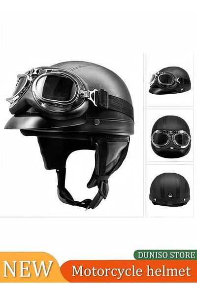 Generic Leather Motorcycle Riding Helmet With Transparent Visor, Removable Liner And Sun Protection Brim