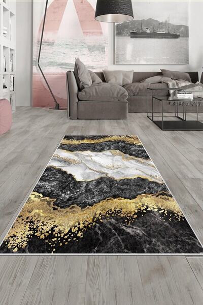 on the clouds Siyah Beyaz Mermer Gold Işleme Yıkanabilir Kaymaz Taban Leke Tu...