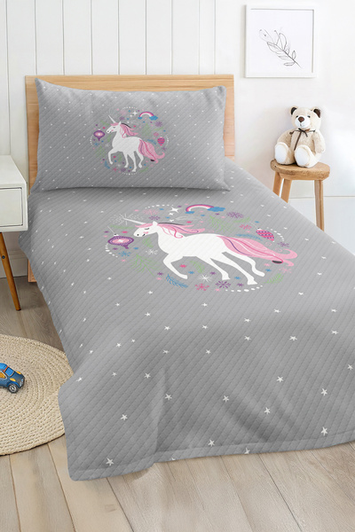 Realhomes مجموعة غطاء سرير بتصميم وحيد القرن باللون الوردي على خلفية رمادية ل...