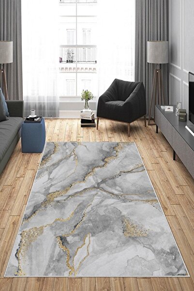 on the clouds Beyaz Mermer Desenli Çerçeveli Yıkanabilir Kaymaz Taban Leke Tu...