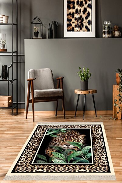 on the clouds Leopar Desenli Dijital Baskı Yıkanabilir Kaymaz Taban Modern Sa...