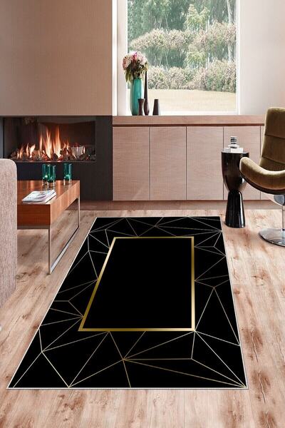 on the clouds Siyah Zemin Gold Çizgi Çerçeveli Yıkanabilir Kaymaz Taban Leke ...