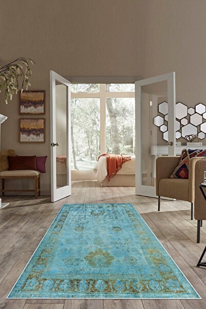 on the clouds Mavi Eskitme Desen Nakış Işlemeli Yıkanabilir Kaymaz Taban Leke...