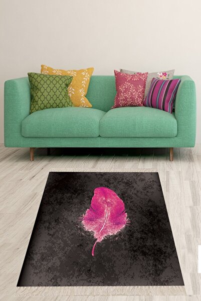 on the clouds Fuşya Kuş Tüyü Desenli Çerçeveli Yıkanabilir Kaymaz Taban Leke ...