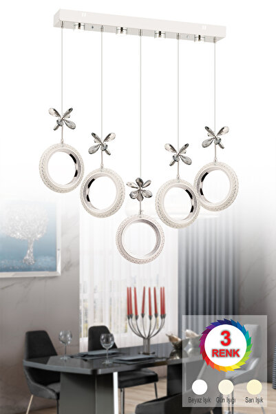 İstanbul Avize Halka 5'li Sıralı Gümüş Kumandalı 3 Renk Kumandalı Led Taşlı Ledli Avize