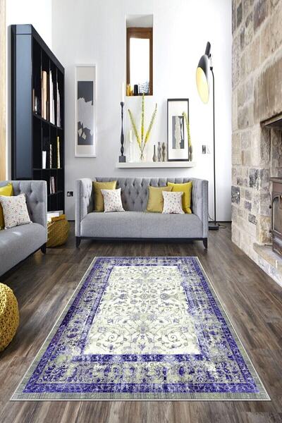 on the clouds Mor Çerçeveli Çiçek Desenli Yıkanabilir Kaymaz Taban Leke Tutma...