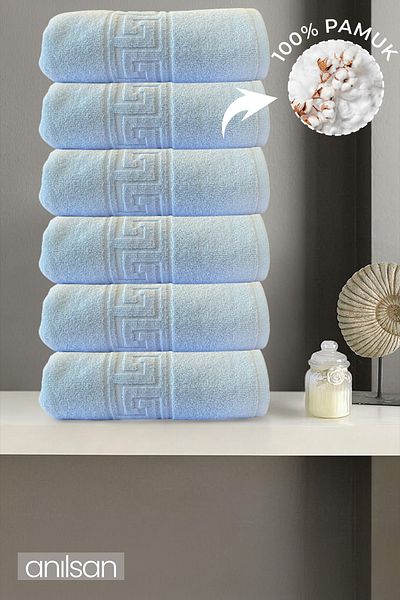 Anılsan 6 db kék görög kéztörlő csomag - 50x90 cm, 225 gr, 100% pamut, gyógyfürdő és szállodai törölközők, napi használatra alkalmas
