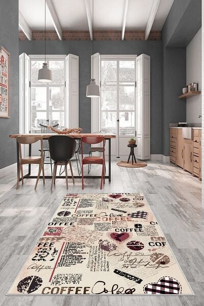 farbala Renkli Coffee Kalp Temalı Kaymaz Taban Leke Tutmaz Yıkanabilir İnce Y...