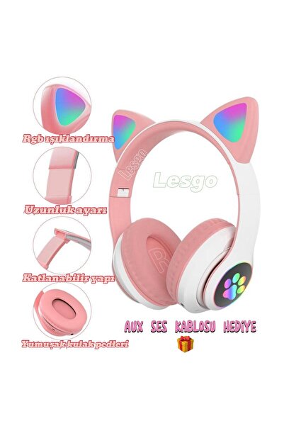 LESGO Kablosuz Bluetooth 5.0 Led Işıklı Kedili Kulaklık Aux Hediyeli Tüm Telefonlara Uyumlu Stereo Hd Ses