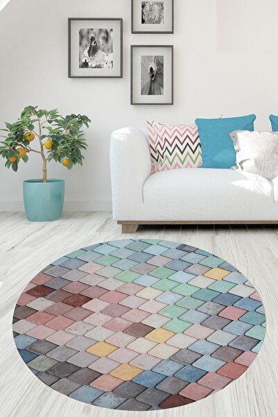 on the clouds Geometrik Karo Desenli Dijital Baskı Yıkanabilir Kaymaz Taban M...