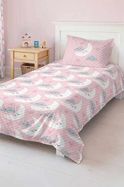 Realhomes مجموعة غطاء سرير بيكيه لغرفة الأطفال والمراهقين بنمط القمر الوردي و...