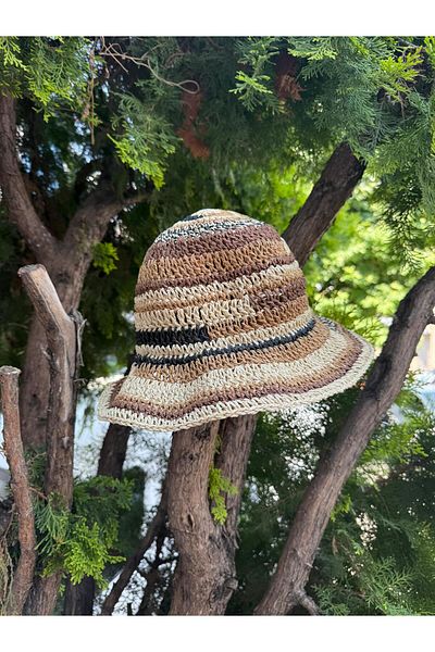 Axesoire 14719 Hand Knitted Brown Straw Bucket Hat
