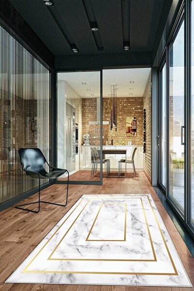 farbala Beyaz Gold Işleme Mermer Yıkanabilir Kaymaz Taban Leke Tutmaz Yazlık ...