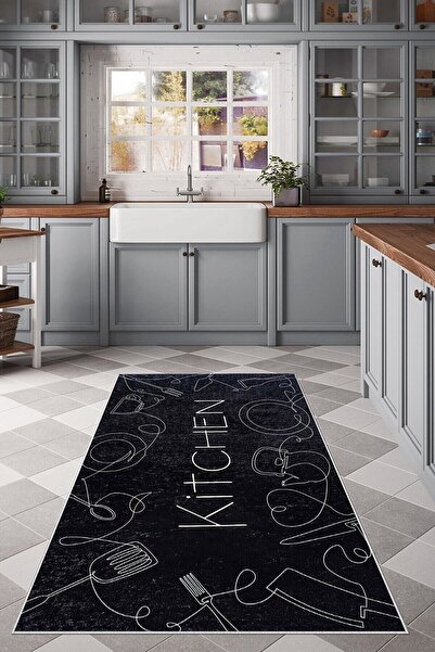 farbala Siyah Eskitme Mutfak FigürlüTaban Leke Tutmaz Yıkanabilir İnce Yazlık...