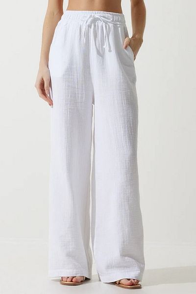 Mogi Butik Women's Elastic Waist Palazzo Muslin Trousers 3078