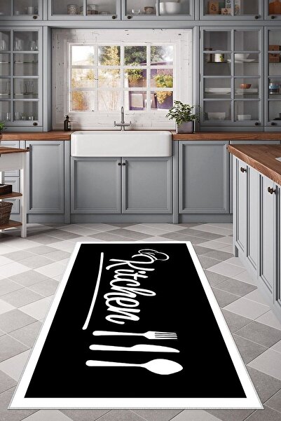 farbala Siyah Kitchen Yazılı Yıkanabilir Kaymaz Taban Leke Tutmaz Yıkanabilir...