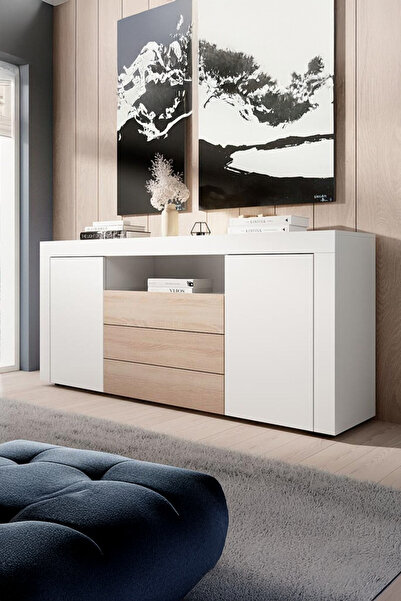 ECM Konsol Şık Büfe Modern Ve Zarif Konsol Beyaz Sonoma Büfe