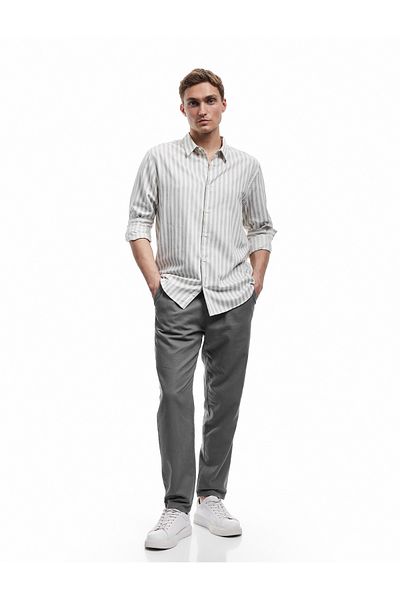 Koton Linen Cotton Blend Chino Trousers with Lace-Up Waist and Pocket Detail