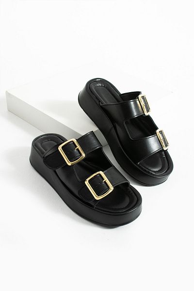 Polomia Comfort Calie Women's Anatomical Comfort Two-Strap Gold Detail Buckle Flexible Summer Daily Flat Sandals Slippers