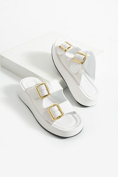 Polomia Comfort Calie Women's Anatomical Comfort Two-Strap Gold Detail Buckle Flexible Summer Daily Flat Sandals Slippers