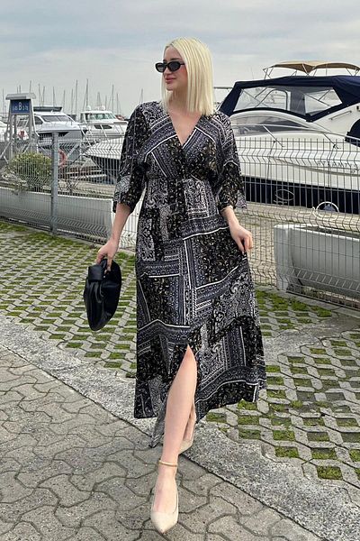 Madmext Μαύρο μοτίβο σχισμής λεπτομέρεια μακρύ φόρεμα MG2325