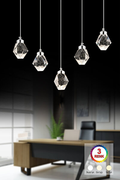 İstanbul Avize İstanbul Avize Kabarcıklı Yemek Masası Liya 5'li Gümüş Kumandalı 3 Renk Ledli Led Avize