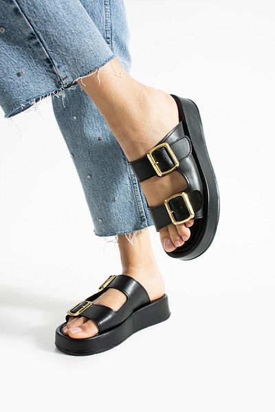 Polomia Comfort Calie Women's Anatomical Comfort Two-Strap Gold Detail Buckle Flexible Summer Daily Flat Sandals Slippers