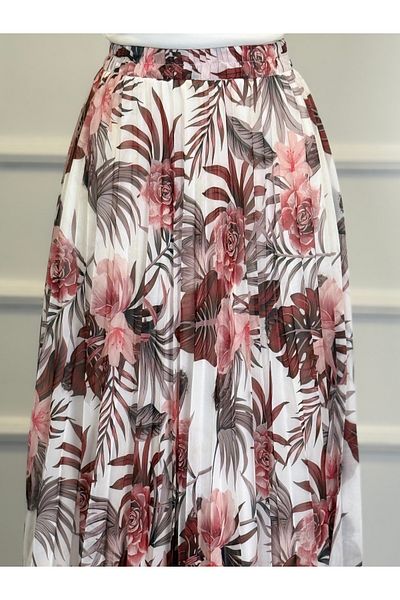 RACE FASHİON Flounced Skirt Elastic Waist Pleated Floral Pattern Chiffon Skirt Rc4004