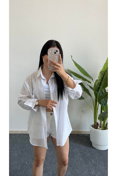 Shiron Sportswear&Company Cămașă de in, cu buzunare, cu umăr dezactivat, alb, de sezon nou