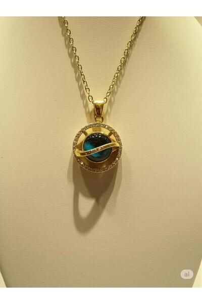 magische Gold Renk Işıltılı Mavi Taş Detaylı Gezegen Kadın Kolye