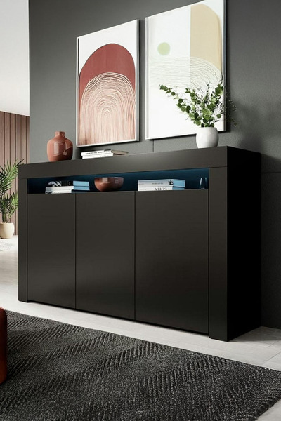 ECM Konsol Led Aydınlatmalı Şık Büfe Modern Ve Zarif Konsol Siyah Mat Büfe