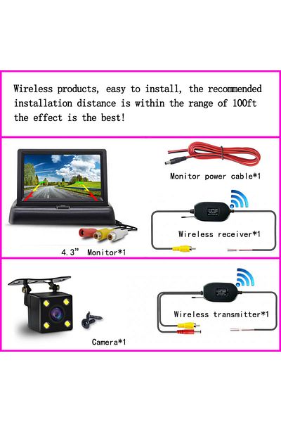QXNY Wireless Video Vehicle HD Wireless Rear View Backup Camera 4.3" Foldable Monitor Car Reverse Parking