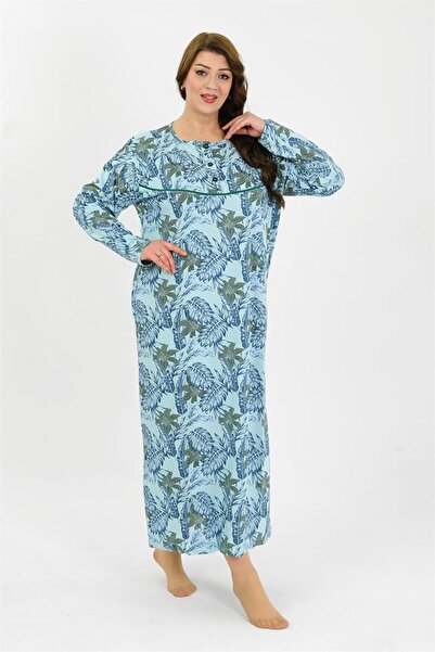 modaserdem Mdsrdm Women's Plus Size Long Sleeve Blue Mother Nightgown 1378