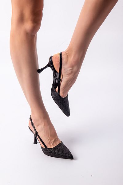 lovitto Straw Detail Thin Heel Black Stiletto Women's Black Shoes