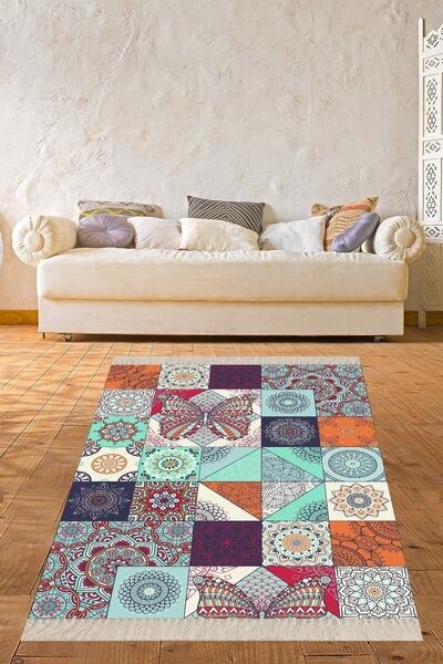 linazaitun Çini Karo Desen Kelebekli Halı Dijital Baskı Yıkanabilir Kaymaz Ta...