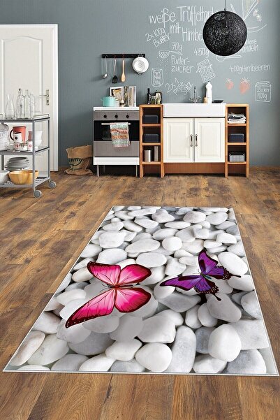 linazaitun Beyaz Taş Desenli Kelebekli Yıkanabilir Kaymaz Taban Leke Tutmaz M...