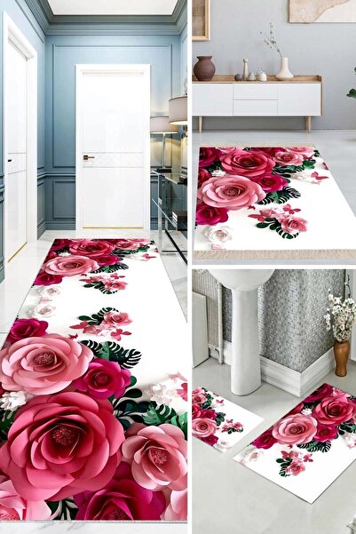 linazaitun 3'lü Yatak Odası Halısı Takımı Yolluk 3'lü Pembe Güllü(1ad 80 x 30...