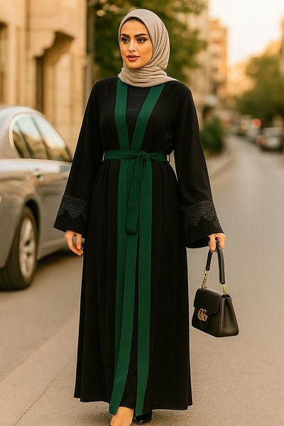 Neva Style Green Hijab Abaya with Belt 55440Y