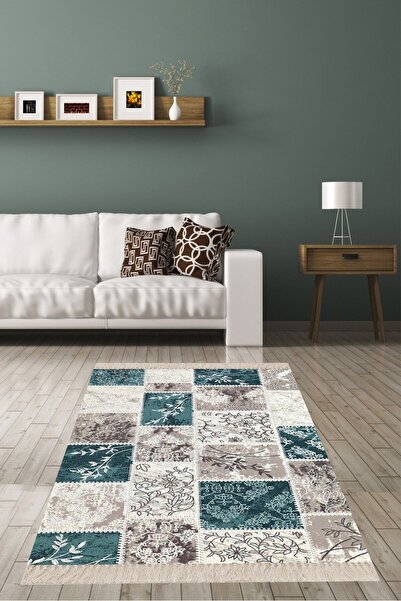 linazaitun Patchwork Desenli Yaprak Çiçekli Yıkanabilir Kaymaz Taban Leke Tut...