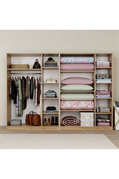 midoser Lucas 6 Kapaklı,15 Raf Bölmeli Yüklük & Askılıklı Elbise Dolabı-Gardırop Seti Safir Meşe 190x270 cm